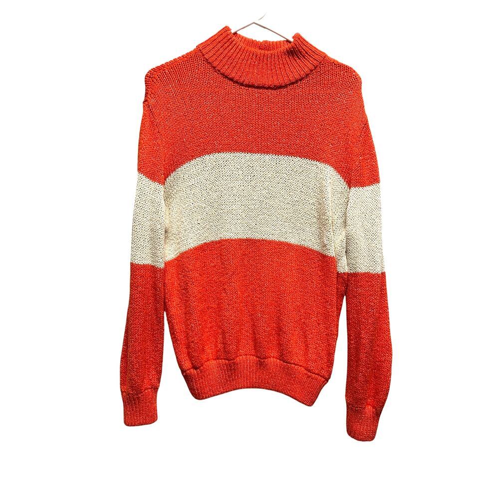 Aerie Chunky Knit Mock Neck Sweater S Orange Cream Striped Cozy‎ Pullover